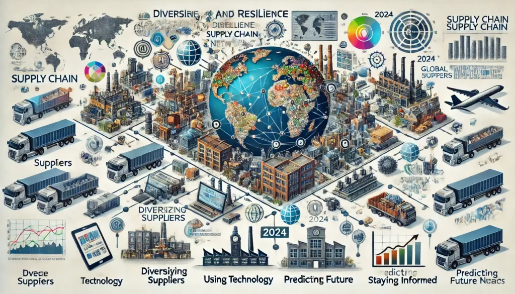 An illustration of a diverse and resilient supply chain network in 2024, addressing supply chain issues. The image features interconnected elements such as digital tools, global maps, data charts, factories, warehouses, and transport vehicles.