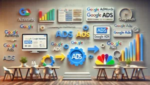 A modern digital advertising interface showcasing the transition from Google AdWords to Google Ads, featuring user-friendly tools and a simplified dashboard.