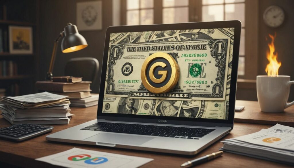 A laptop displaying a dollar bill with a gold Google Ads account logo on the screen, representing budget concerns in a Google Ads account.