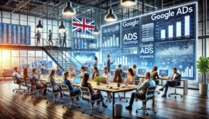 How UK Agencies Simplify Digital Marketing for busy professionals in a modern office setting. The image depicts a team collaborating on Google Ads strategies, highlighting the complexity and strategic nature of digital marketing.