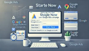A step-by-step guide for setting up your first Google Ads campaign, highlighting the transition from Google AdWords to Google Ads on the Google Ads homepage with a Start Now button.