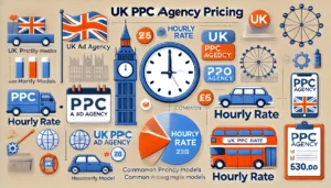 An image explaining UK PPC Ad Agency Pricing, featuring common pricing models used by UK PPC agencies. The image highlights the hourly rate model with icons like a clock to symbolize time-based billing, alongside UK-themed icons such as the British flag, a double-decker bus, and a London skyline silhouette.