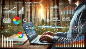 Essential Qualities to Look for in a UK PPC Ecommerce Agency: A UK-based e-commerce analyst working on a laptop with Google Analytics on the screen, surrounded by charts and data points, against a forest background symbolizing the complexity of the e-commerce world.