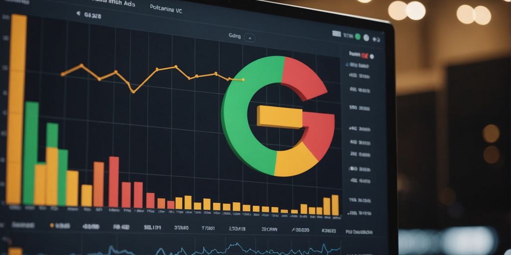 A Guide to Google Ads PPC featuring a computer screen with a Google logo, performance graphs, and charts, illustrating the process of managing PPC campaigns.