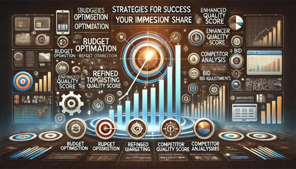 A comprehensive illustration showcasing strategies for maximising Impression Share, including budget optimisation, refined targeting, enhanced Quality Score, competitor analysis, and bid adjustments, with a central rising graph symbolising increased ad visibility.