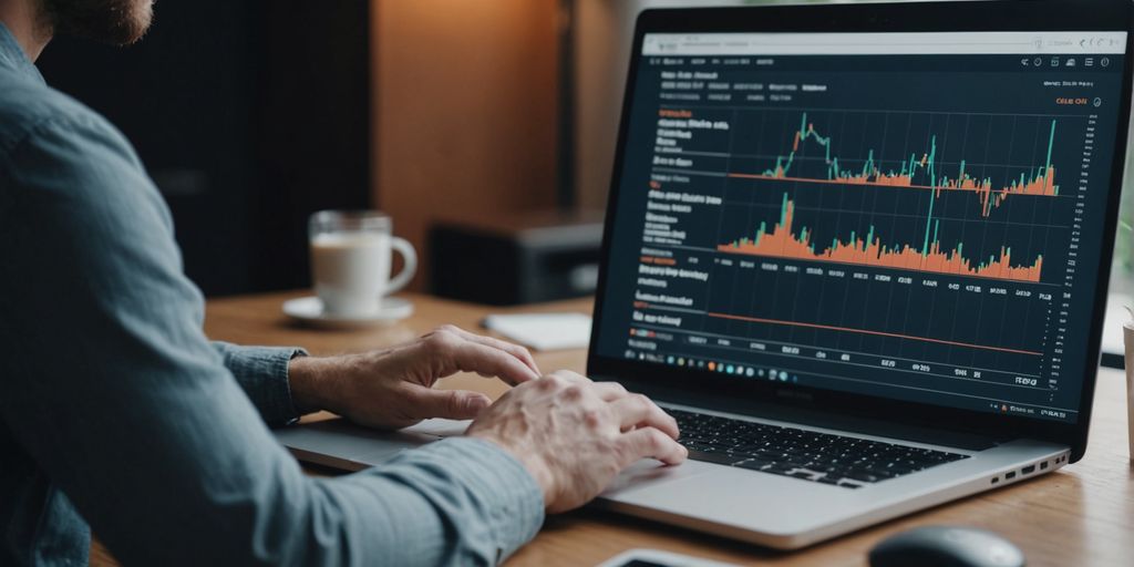 PPC Account Management showing a person working on a laptop with performance graphs and charts on the screen, illustrating the process of monitoring and optimizing PPC campaigns.