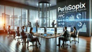 Top PPC Agencies: A professional office environment with a team of digital marketing experts working on PPC campaigns, representing Periscopix.