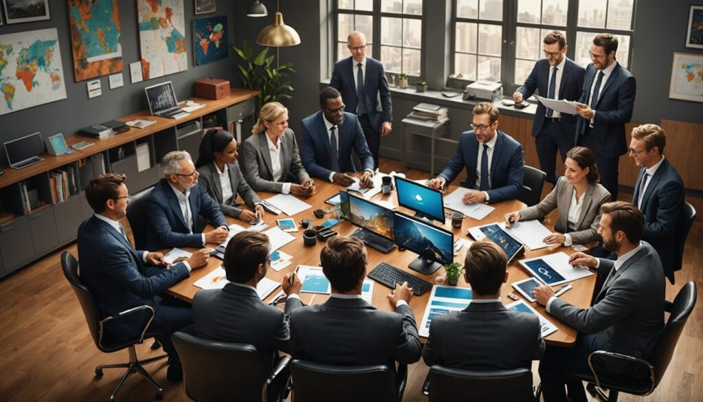 Business meeting with a diverse group of professionals sitting around a conference table