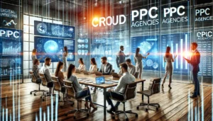 Top PPC Agencies: A dynamic office environment with a team of digital marketing experts collaborating on PPC campaigns, representing Croud.