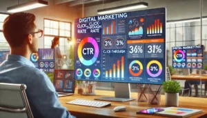 Mastering Key Metrics: A digital marketing dashboard showing Click-Through Rate (CTR) prominently.