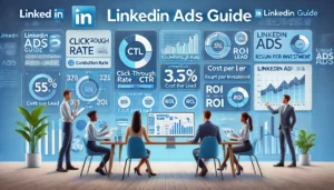 A LinkedIn advertisement analytics dashboard with charts and graphs displaying key metrics such as click-through rate (CTR), conversion rate, cost per lead (CPL), and return on investment (ROI), highlighting the LinkedIn Ads Guide for measuring ad performance.