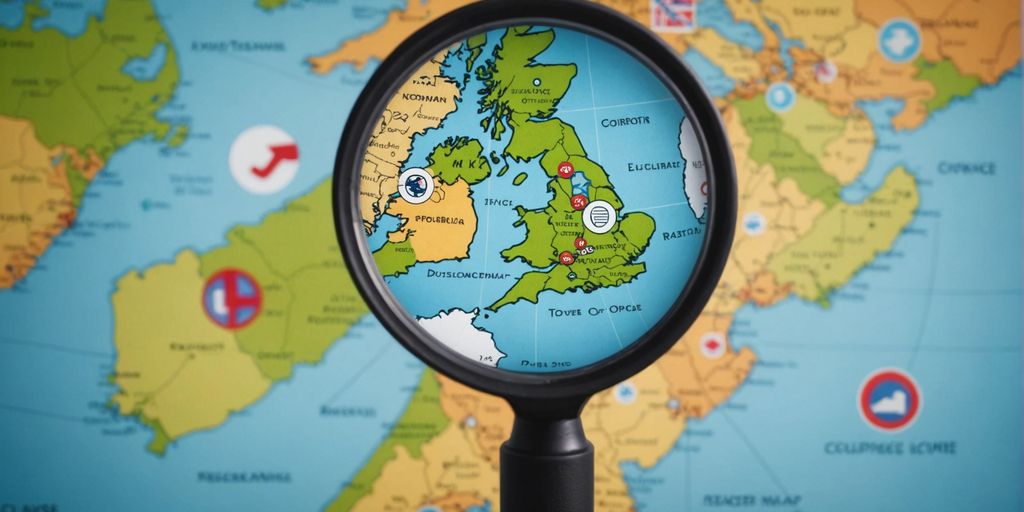 Qualities to Look for in a UK PPC Ecommerce Agency: A map of the UK with a magnifying glass highlighting the region, symbolizing the focus on local expertise and targeted strategies.