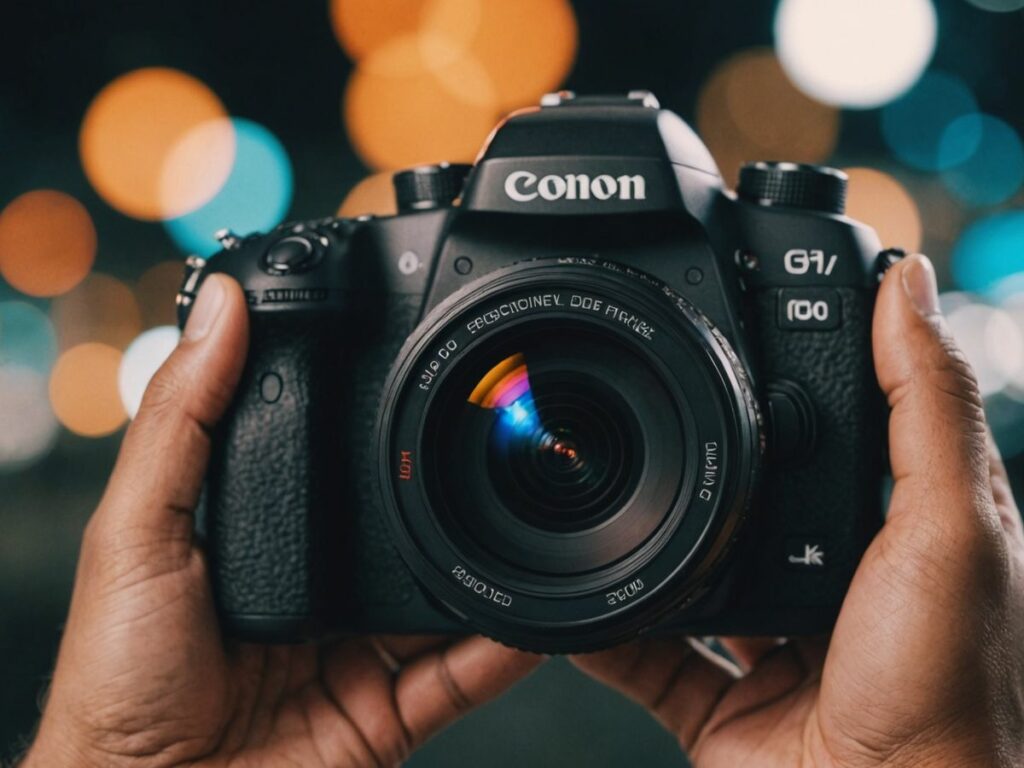 Close-up of a person holding a Canon camera with bokeh lights in the background