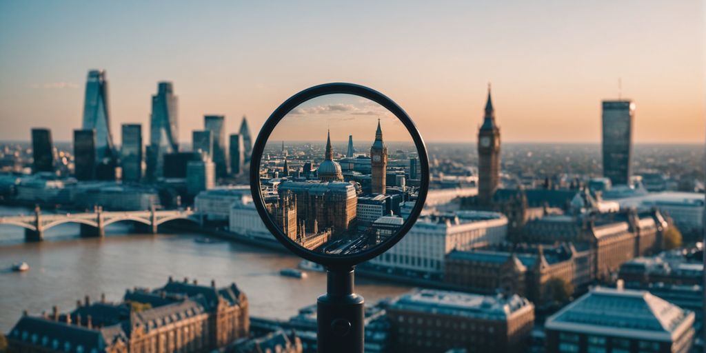 How to choose the right PPC agency featuring a view of London with a magnifying glass focusing on the city's landmarks.