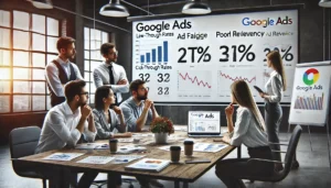 A digital marketing team analysing a Google Ads account dashboard, focusing on low click-through rates (CTR) and poor ad relevance.