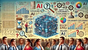 A complex scene illustrating the risks of AI, showing an AI system making decisions with layers of data and algorithms, while people in the background look confused or skeptical, highlighting the challenge of AI transparency.