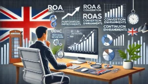 Essential Qualities to Look for in a UK PPC Ecommerce Agency: A UK-based PPC specialist conducting performance reviews and optimizing ad campaigns on a computer, with graphs depicting ROAS improvements and conversion rates in the background.