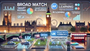 The image showcases Google Ads Trends, focusing on broad match targeting for UK businesses, with visuals of smart bidding, AI learning, and broad match keywords set against a backdrop of London landmarks like Big Ben and the Shard.