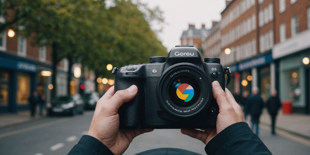 How to drive measurable ROI featuring a camera with a Google logo in the lens, held by hands, with a city street in the background.