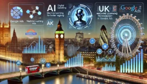 The image showcases Google Ads Trends for UK businesses, highlighting AI-powered features and machine learning for better targeting, set against a backdrop of London landmarks like Big Ben and the Shard.