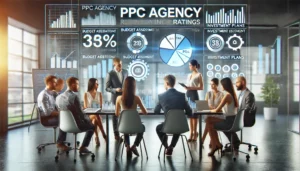 A diverse group of professionals in a modern office setting discussing PPC agency ratings, with charts and graphs on a large screen depicting budget assessment and investment plans.