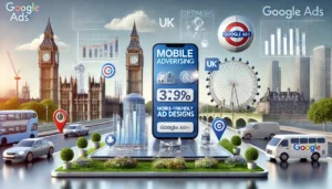 The image showcases Google Ads Trends, focusing on mobile advertising trends for UK businesses, with visuals of smartphones, mobile-friendly ad designs, and fast-loading websites set against a backdrop of London landmarks like Big Ben and the Shard.