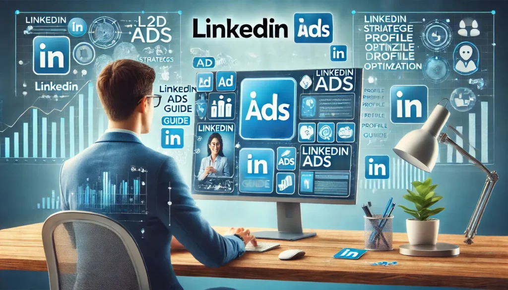 A professional LinkedIn advertisement scene featuring a B2B marketer working on a computer with LinkedIn Ads displayed on the screen, emphasizing the LinkedIn Ads Guide for boosting brand awareness and lead generation.