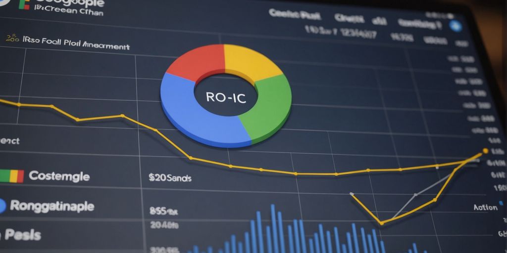 Graph and chart displaying Return on Investment (ROI) metrics with a colourful pie chart and a line graph on a digital screen.