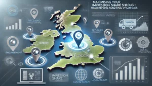 A detailed illustration showing the concept of Maximising Your Impression Share through location targeting, featuring a map of the UK with London highlighted and pinpoint icons representing targeted locations.