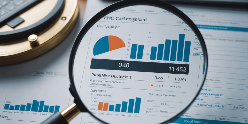 A magnifying glass focusing on a detailed PPC audit report with various charts and graphs, highlighting key metrics for evaluating PPC campaign performance.