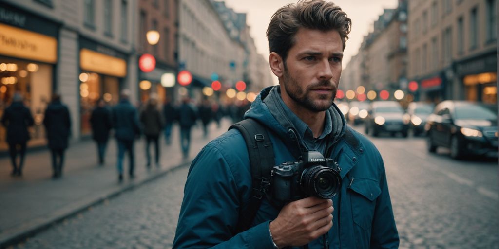 Man holding a camera, standing on a busy street with shops and people in the background.