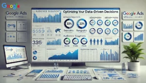 A professional dashboard showcasing essential Google Ads reporting metrics with detailed graphs and charts illustrating audience segments, demographic data, interests, and behaviours for optimizing campaigns with data-driven decisions.