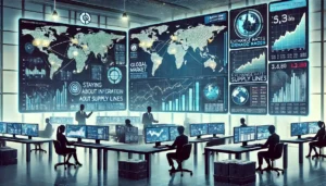 An illustration of a business team in a modern office monitoring economic trends to address supply chain issues. Digital screens show global market graphs, exchange rates, and news headlines about geopolitical tensions and economic fluctuations.