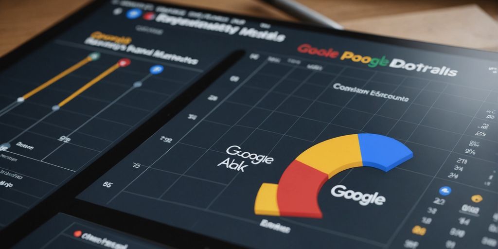 A dashboard showing Google Ads reporting metrics with colourful charts and graphs, highlighting key performance indicators such as impressions, clicks, and conversions.