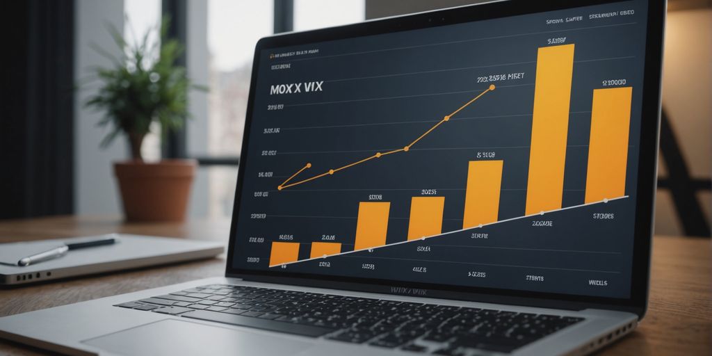 Laptop displaying a bar graph with increasing values, indicating business growth over time, with a plant and notebook in the background.