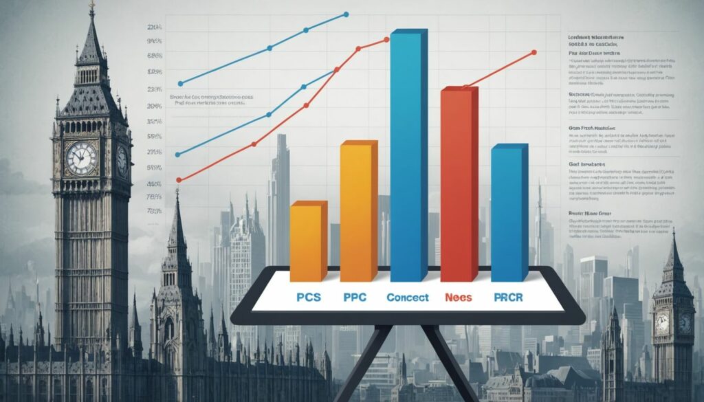 Case studies from leading PPC agencies in London show a graph comparing different digital marketing strategies against the backdrop of iconic London landmarks like Big Ben.