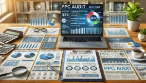 A detailed PPC audit report displayed on a desk with charts, graphs, and a laptop showing a Google Ads dashboard, focusing on key components like campaign structure, conversion tracking, keyword selection, bidding strategies, and ad copy.