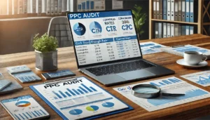 A detailed PPC audit report displayed on a desk with charts, graphs, and a laptop showing a Google Ads dashboard, highlighting metrics like click-through rates (CTR), conversion rates, and cost-per-click (CPC).