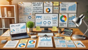 A detailed PPC audit report displayed on a desk with charts, graphs, and a laptop showing a Google Ads dashboard, emphasising the importance of setting clear objectives for PPC management.