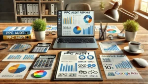 A detailed PPC audit report displayed on a desk with charts, graphs, and a laptop showing a Google Ads dashboard, featuring icons or screens of essential PPC audit tools like Semrush, Optmyzr, Wordstream, Helium10, and Adalysis.