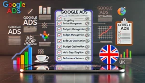 Digital scene illustrating a Google Ads performance review for UK SMEs, featuring a checklist with steps for optimising campaigns, including targeting, budget management, ad copy optimisation, and performance metrics.