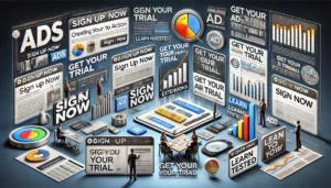 Digital scene illustrating the crafting of effective ads and keywords with compelling calls to action, featuring various CTAs such as "Sign Up Now" and "Get Your Free Trial."

