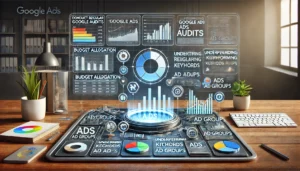 Digital scene illustrating the process of conducting regular Google Ads audits to identify areas of waste, featuring a detailed dashboard with charts, graphs, and icons for budget allocation and underperforming keywords, ads, and ad groups.

