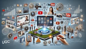 Digital scene illustrating the use of User-Generated Content (UGC) in advertising, featuring various content formats like videos, photos, and reviews from YouTube and Instagram, and icons representing trust-building and social proof.