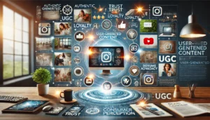 Digital scene illustrating the role of user-generated content (UGC) in shaping consumer perception, featuring authentic content from social media platforms like Instagram and YouTube, and icons representing trust, loyalty, and brand advocacy.

