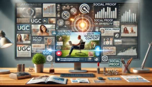 Digital scene illustrating the impact of user-generated content (UGC) in advertising, featuring various content formats like text, images, and videos created by regular people, with icons representing authenticity, social proof, and customer engagement.

