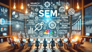 Guide to Search Engine Marketing (SEM) illustration featuring a digital marketing landscape with computer screens, search engine icons, graphs, charts, and website traffic symbols. Key points such as attracting more visitors, boosting visibility, and using SEM effectively are highlighted. The text Guide to Search Engine Marketing (SEM) is prominently displayed.