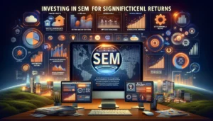 Investing in SEM for Significant Returns illustration featuring a digital marketing landscape with computer screens, graphs, charts, and search engine icons. Key points such as targeted traffic, online visibility, business goals, better targeting, improved measurability, and heightened brand awareness are highlighted. The text Investing in SEM for Significant Returns is prominently displayed.