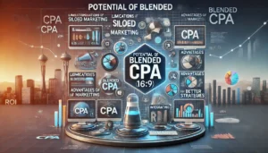 Potential of Blended CPA illustration featuring a digital marketing landscape with computer screens, graphs, charts, and marketing icons representing different channels. Key points such as limitations of siloed marketing, advantages of blended CPA, and integrating strategies for better ROI are highlighted. The text Potential of Blended CPA is prominently displayed.