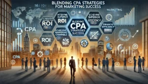 Blending CPA Strategies for Marketing Success illustration featuring a digital marketing landscape with computer screens, graphs, charts, and marketing icons representing different channels. Key points such as integrating marketing channels, achieving superior ROI, enhancing efficiency, and cohesive marketing efforts are highlighted. The text Blending CPA Strategies for Marketing Success is prominently displayed.